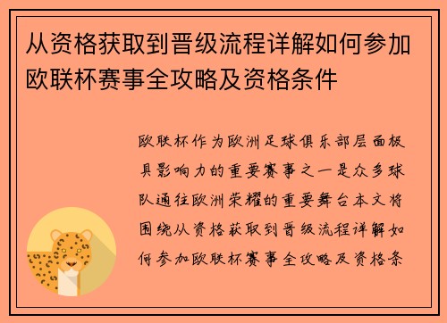 从资格获取到晋级流程详解如何参加欧联杯赛事全攻略及资格条件